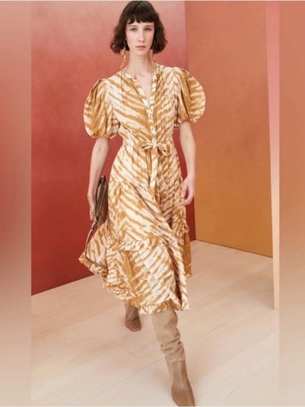 Ulla Johnson Dress Magdalena Midi Button Down in Tiger Print Sand